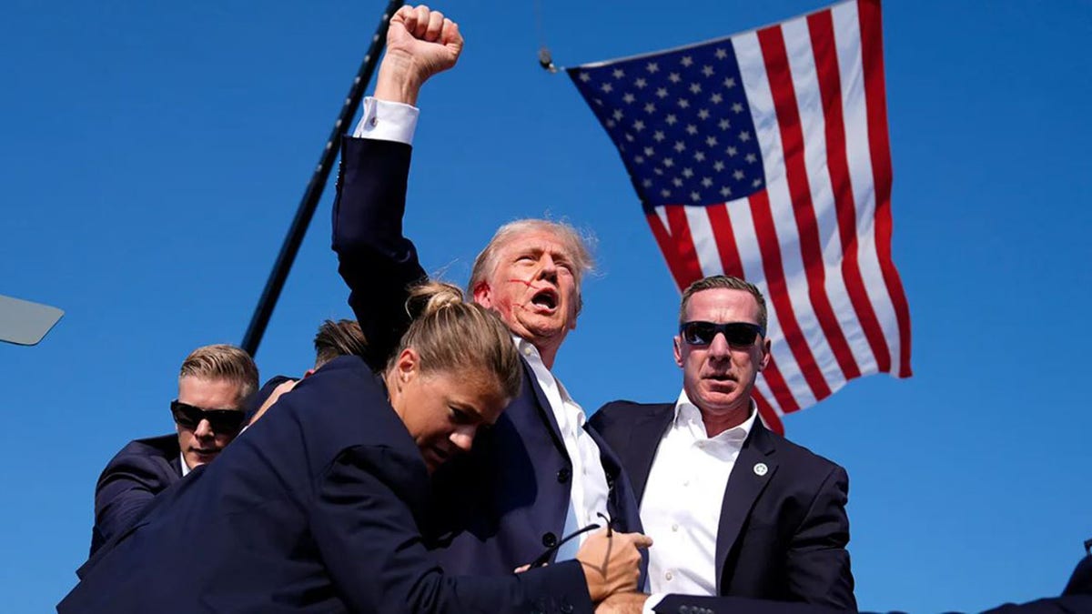 Trump pumping fist after being shot on July 13