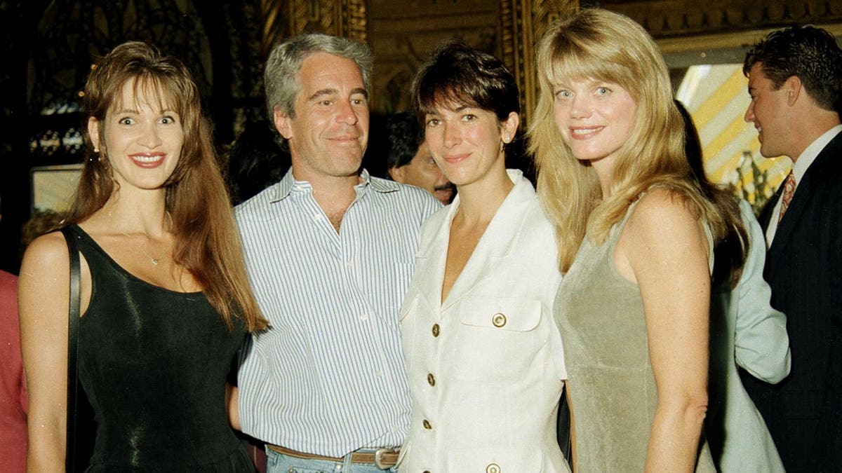 Gwendolyn Beck, Jeffrey Epstein, Ghislaine Maxwell at a party with Deborah Blohm