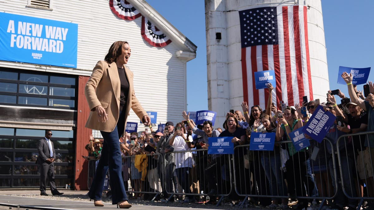 Vice President Kamala Harris arrives to speak during a campaign stop at the Throwback Brewery, in North Hampton, New Hampshire, on Wednesday, Sept. 4, 2024.