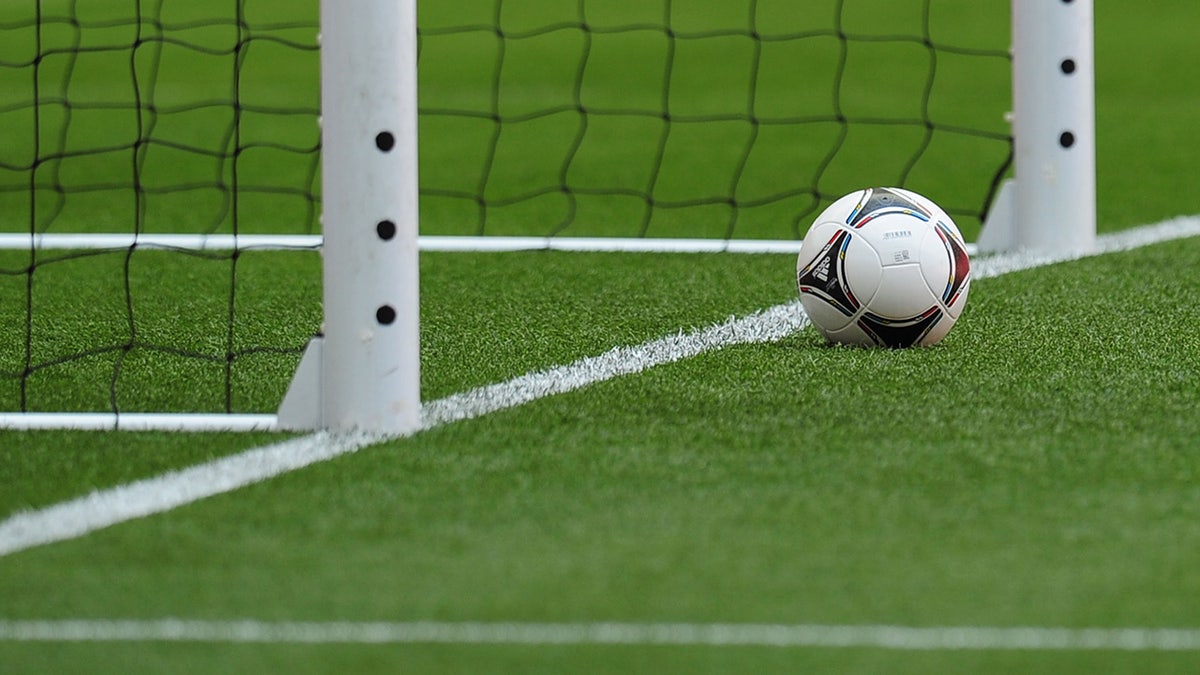 Soccer ball by net stock image