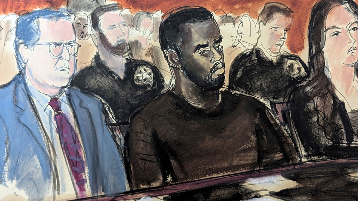 Sean Diddy Combs wears a black shirt in courtroom sketch from bail appeal hearing.