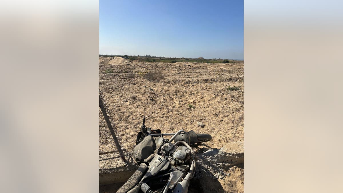 The remains of a motorbike of a terrorist who tried to invade Kibbutz Nir-AM. The terrorist was shot dead by the Kibbutz's rapid-response team. 