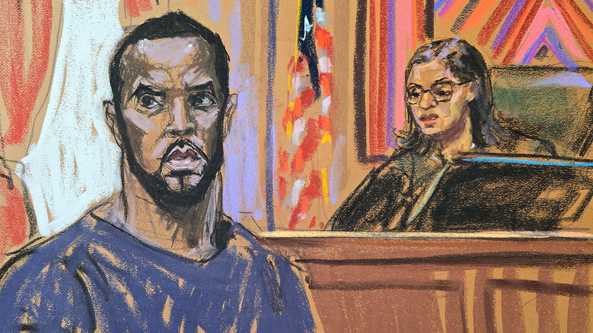 Sean 'Diddy' Combs in a blue shirt stands in court as depicted in a courtroom sketch in front of U.S. Magistrate Judge Robyn Tarnofsky