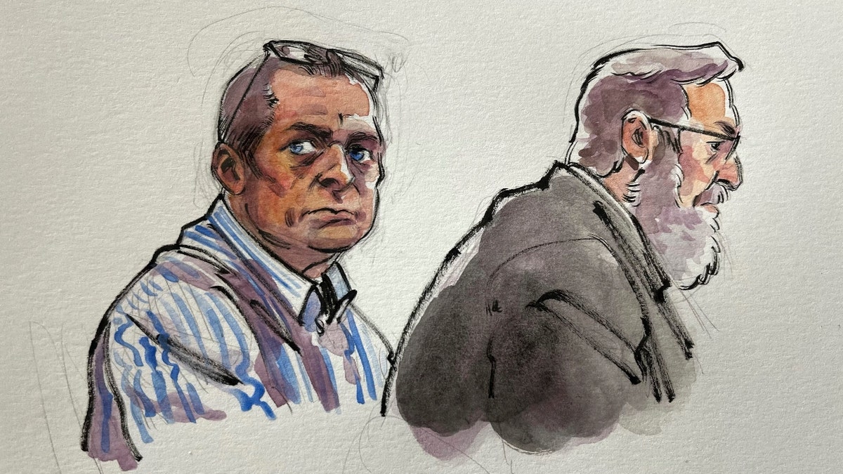 In this courtroom sketch, Richard Allen, left, is seated next to one of his defense attorneys, Andrew Baldwin, inside a courtroom at the Carroll County Courthouse in Delphi, Ind. on Saturday, Nov. 2, 2024. 