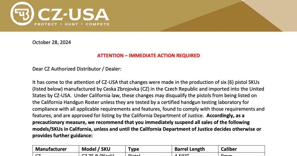 CZ Pistols Face California Compliance Review: Temporary Sales Suspension Recommended