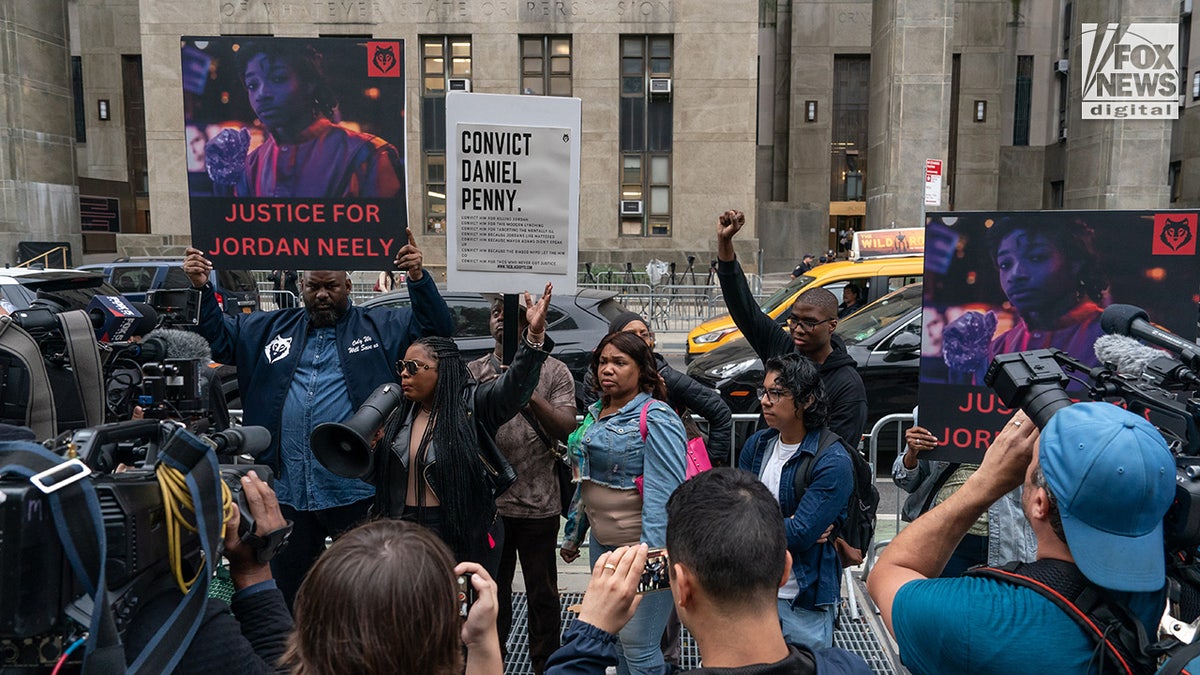 Protestors gather calling for Justice for Jordan Neely outside of the trial of Daniel Penny at Manhattan Supreme Court