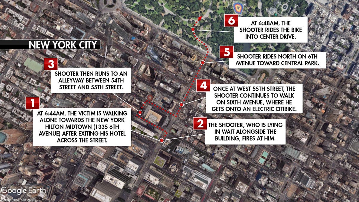 This map depicts the reported route taken by the suspect in the shooting death of United Healthcare CEO, Brian Thompson.