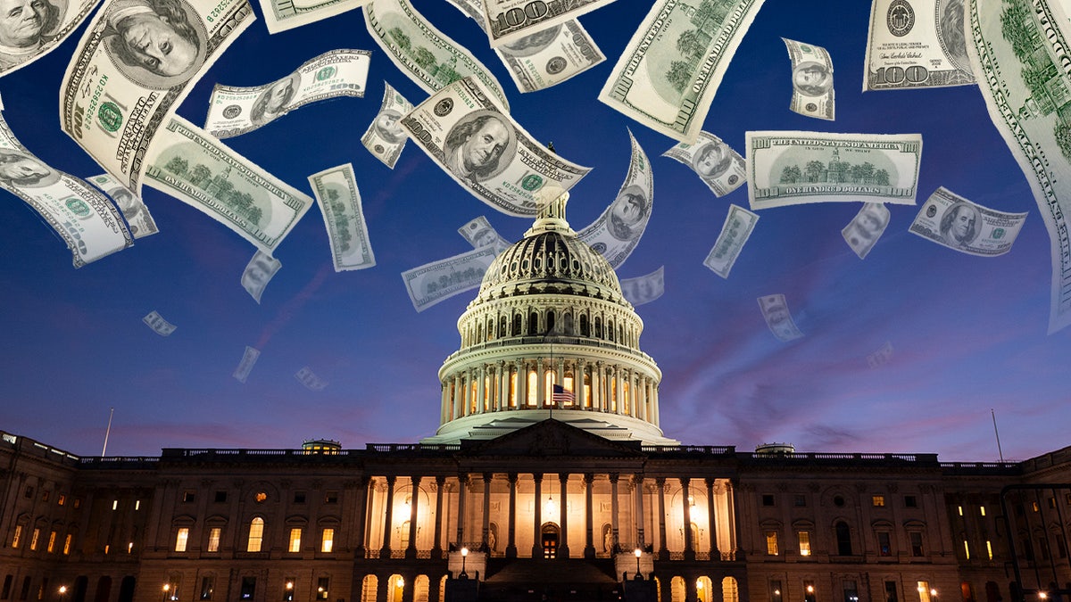 Capitol with raining $100 bills photo illustration