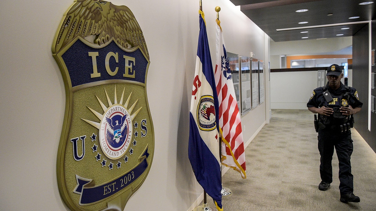 Law enforcement officer near ICE badge on wall