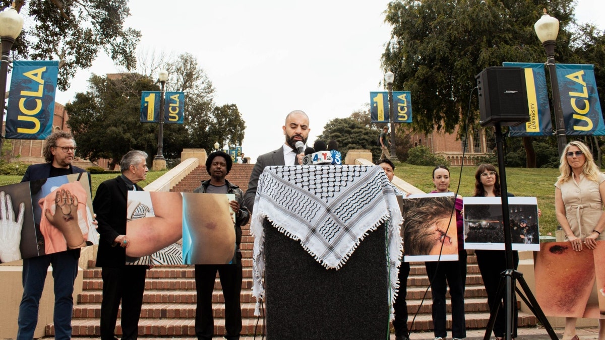 CAIR announces its lawsuit against the LAPD and California Highway Patrol on UCLA's campus as plaintiffs hold up photos of their injuries during campus protests in May 2024