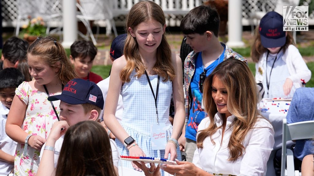 First lady Melania Trump welcomes children to White House for work day celebration