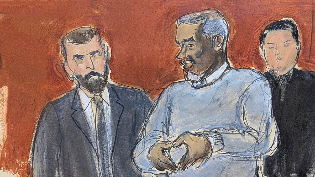 A sketch of P. Diddy in court on the first day of his trial.