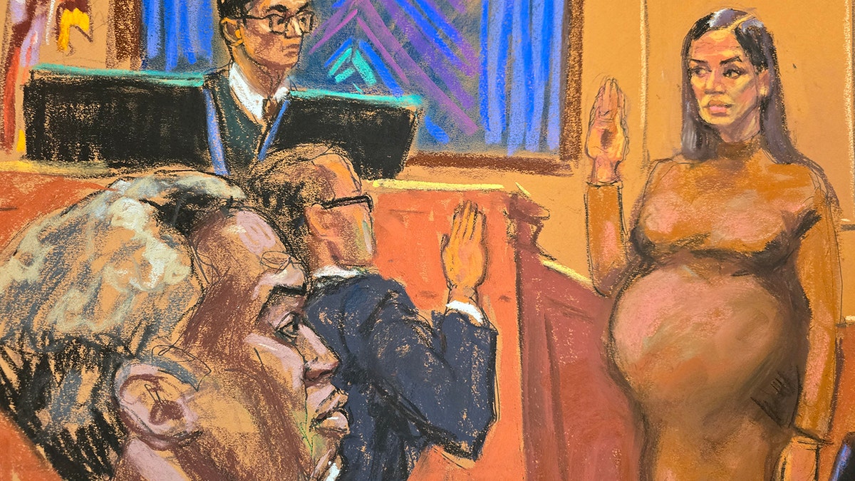 A sketch showing Cassie Ventura in court during the P. Diddy trial.