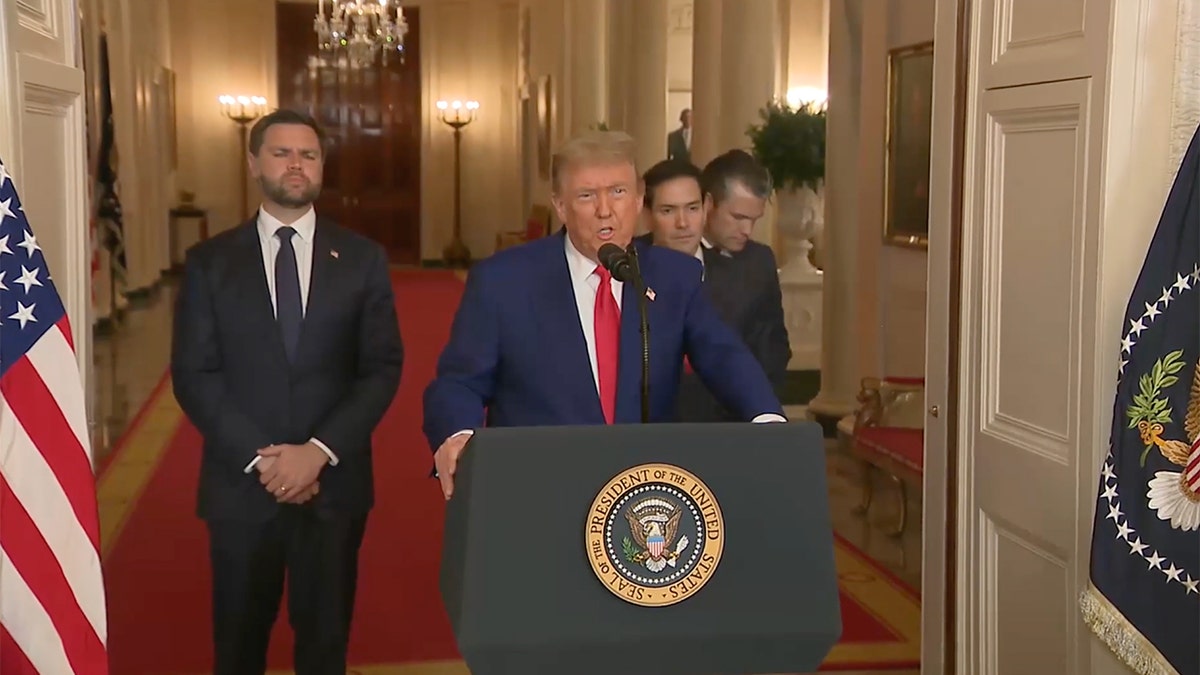 US Vice President JD Vance, from left, US President Donald Trump, Marco Rubio, US secretary of state, and Pete Hegseth, US secretary of defense, during an address to the nation