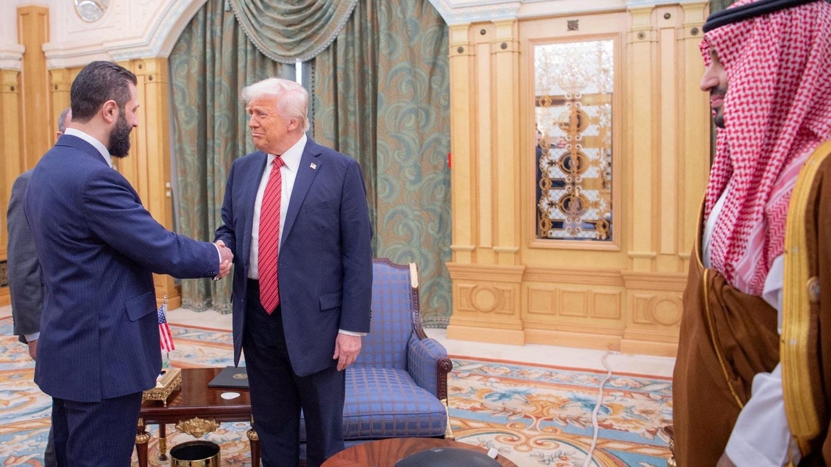 U.S. President Donald Trump meets with Syrian President Ahmed al-Sharaa in Riyadh, Saudi Arabia, in this handout released on May 14, 2025. Saudi Press Agency/Handout via Reuters. 