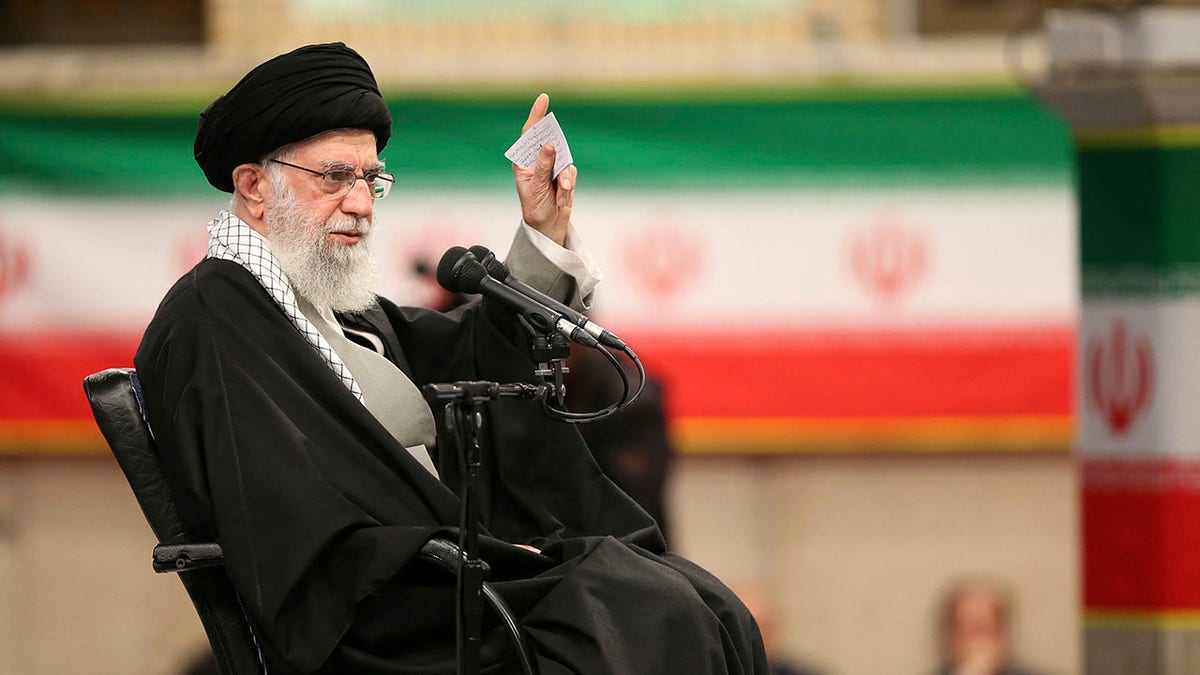 Supreme Leader Ayatollah Ali Khamenei speaks at a meeting in Tehran, Iran, on Feb. 5, 2020. Khamenei said Wednesday that President Donald Trump's Middle East plan will not outlive the president.