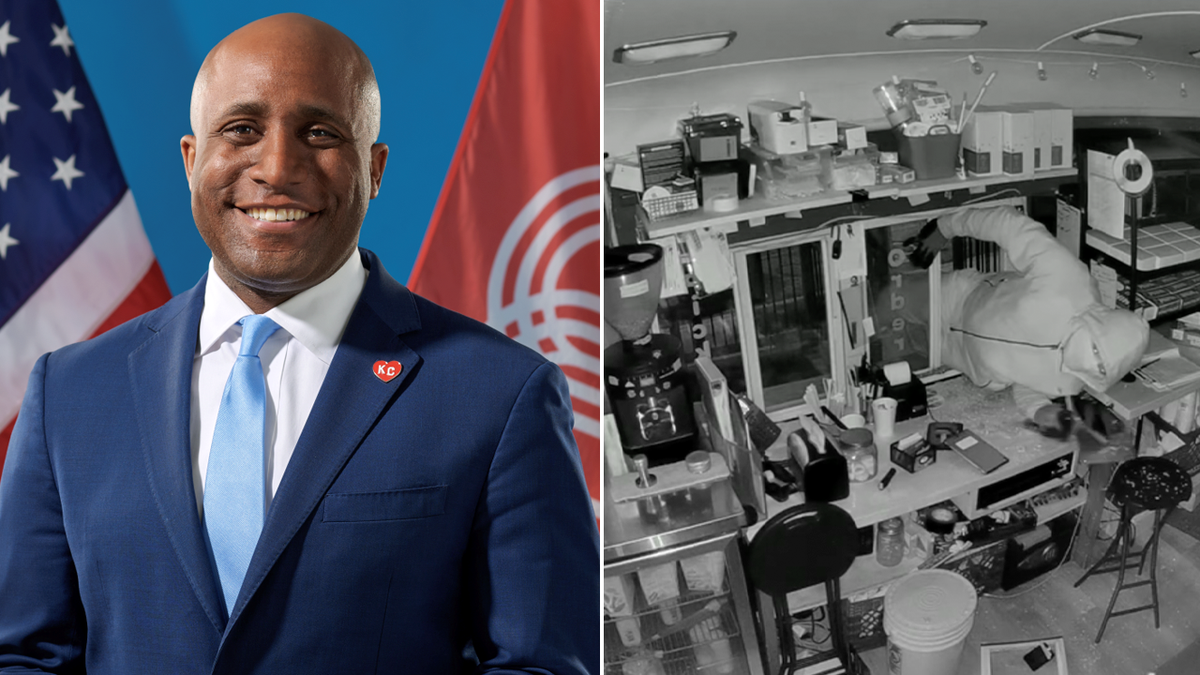 Kansas City Mayor Quinton Lucas next to an image of a break-in at Donutology