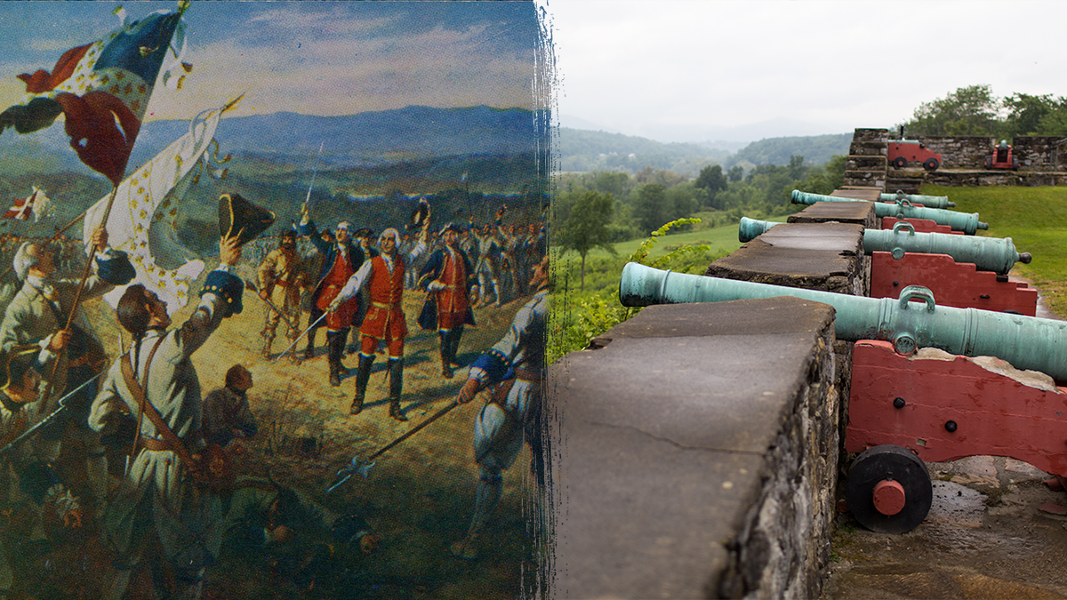 Split image of Fort Ticonderoga depiction, cannons