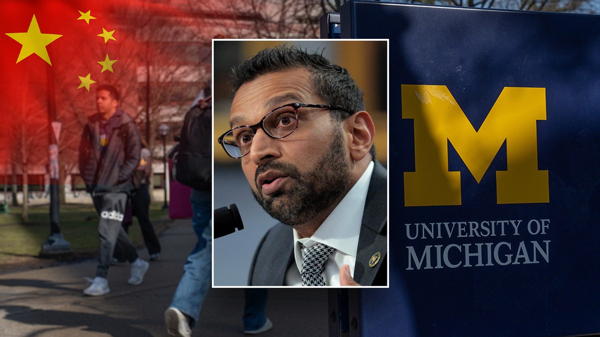 Patel overlaid on University of Michigan campus image with ghosted Chinese flag