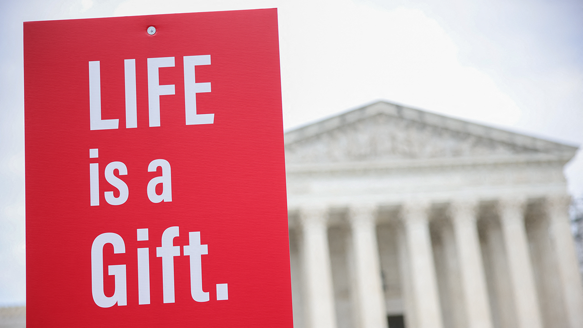 Protest sign in front of Supreme Court