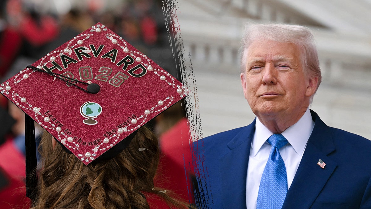left, Harvard 2025 graduation cap, right, President Trump