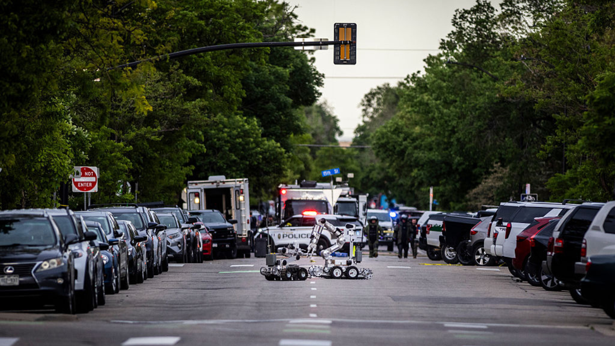 Anti-bomb robotics are put into place following an incident involving multiple injuries that the FBI is investigating as an act of terror on June 1, 2025 in Boulder, Colorado. A suspect is in custody after reportedly throwing an incendiary device at a group participating in an organized walk near the courthouse to show solidarity with hostages held by Hamas in Gaza.