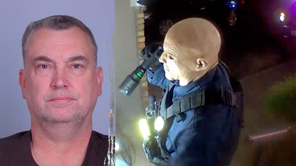 Vance Boelter mugshot split with surveillance footage of alleged gunman