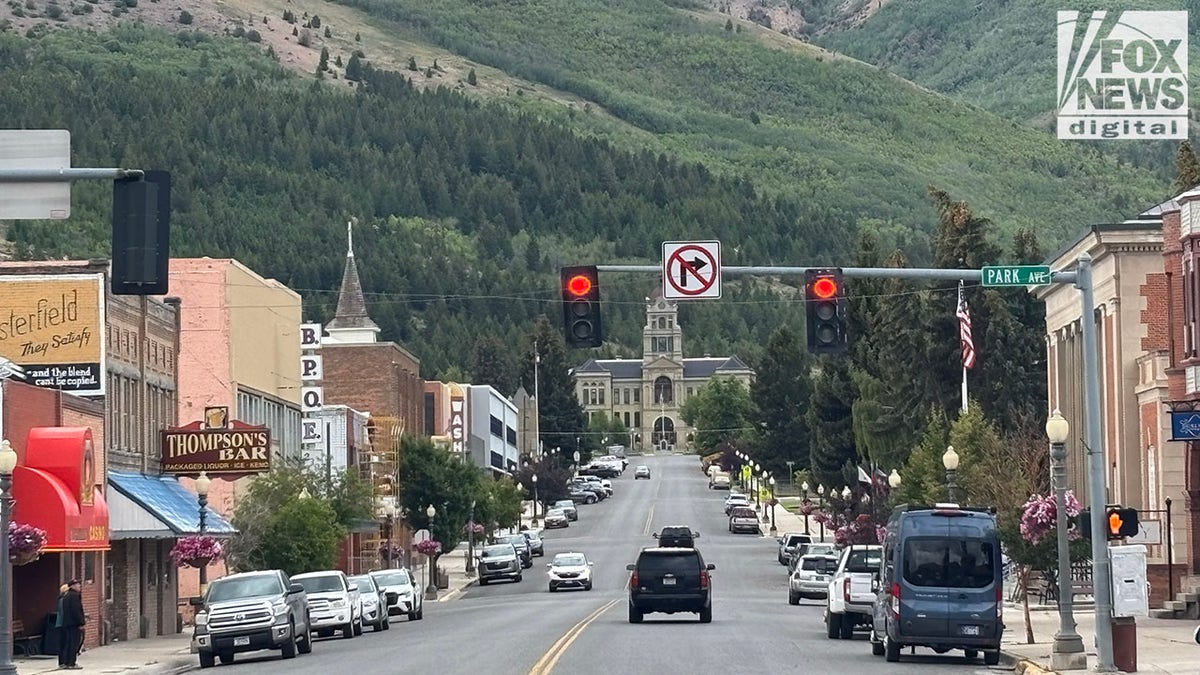 Main St. in Anaconda, Montana, leads to the Deer Lodge County Courthouse with mountains in the background. Photographed on Aug. 8, 2025 (Peter D'Abrosca/Fox News Digital)