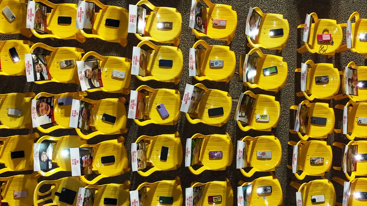 Empty chairs serve as a reminder of the hostages still in Gaza