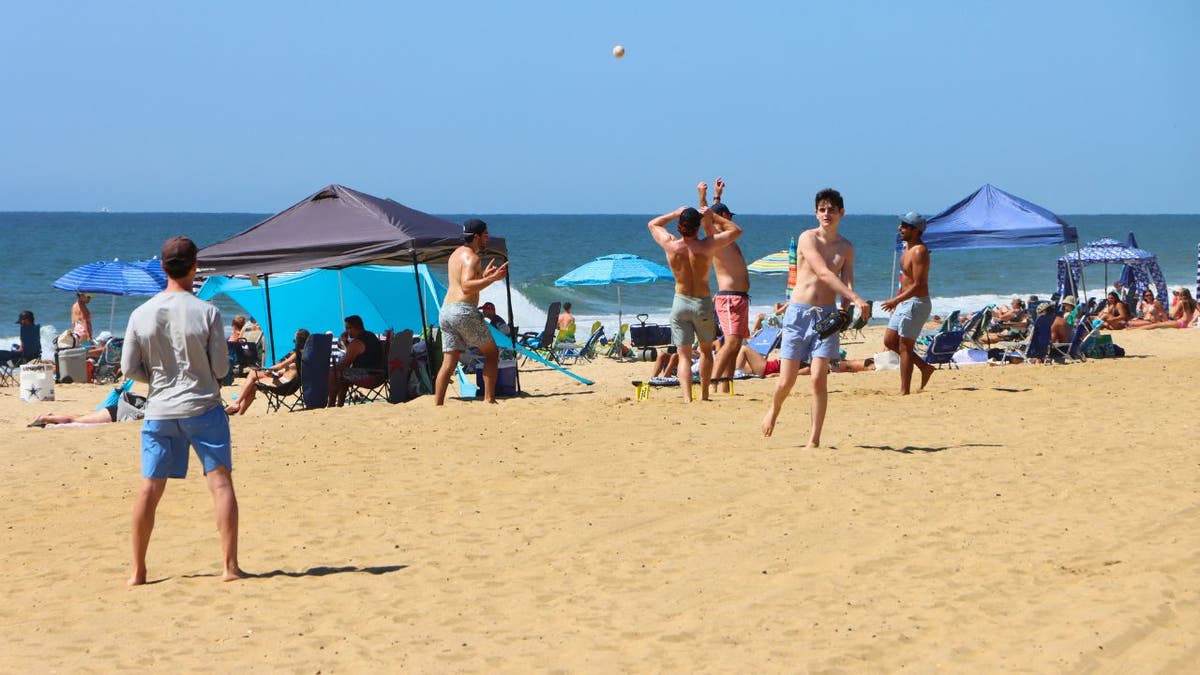 Shirtless twenty-somethings tossed a baseball across the sand in Montauk