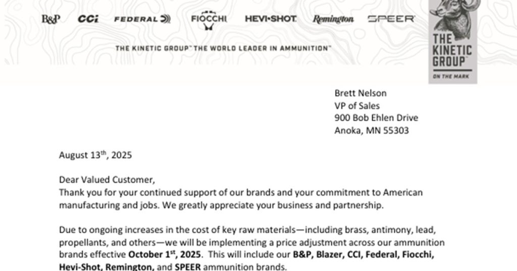Kinetic Group Announces Ammo Price Hikes Across All Brands Starting October