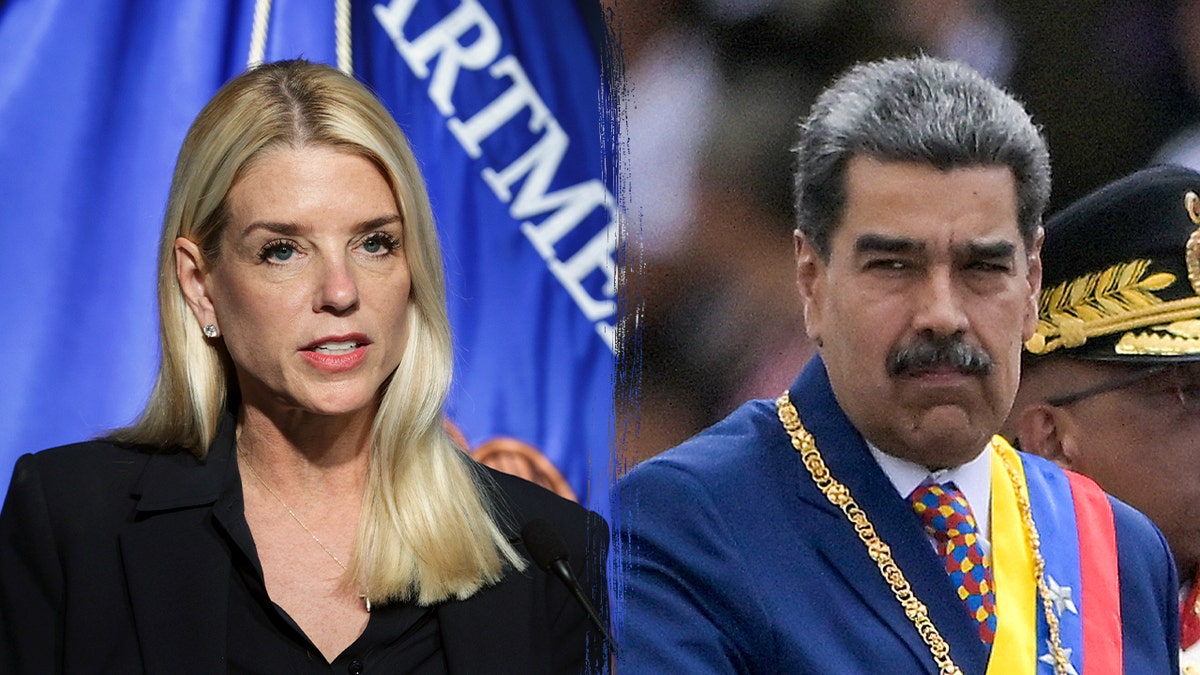A split image of Attorney General Pam Bondi and Venezuelan President Nicolas Maduro. 
