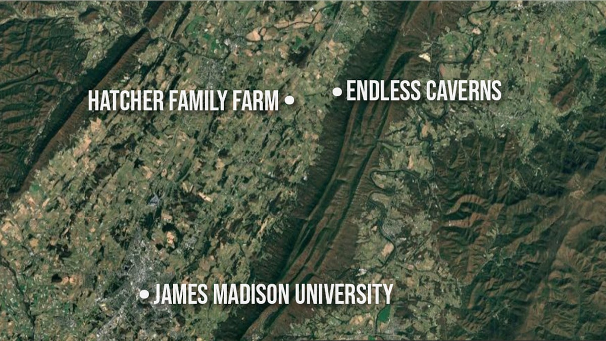 A map showing a portion of Virginia's Shenandoah Valley with notations marking the landmark Endless Caverns, the Hatcher family farm, and James Madison University.