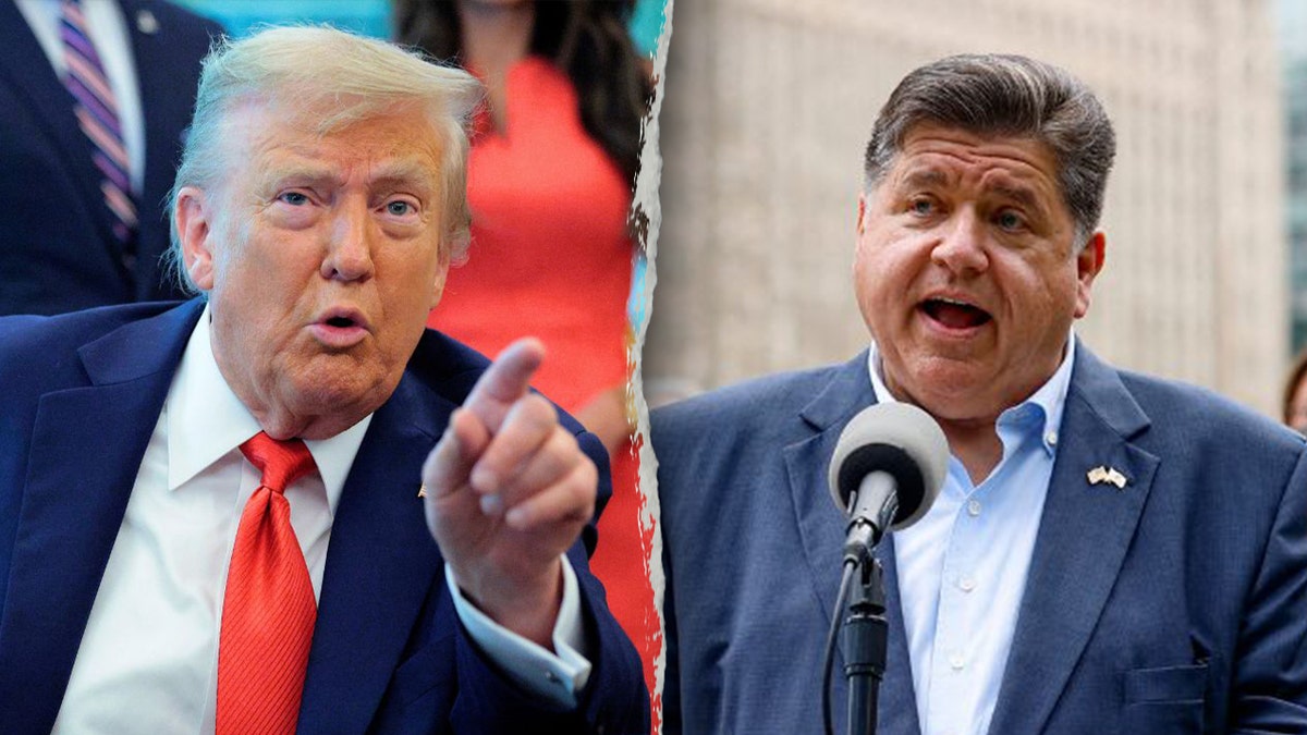 Split image of President Donald Trump pointing during remarks and Illinois Gov. J.B. Pritzker speaking at a press conference in Chicago.