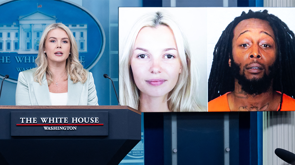 Karoline Leavitt next to projected photos of Iryna Zarutska and Decarlos Brown Jr.