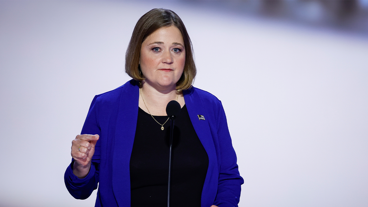 Iowa Attorney General Brenna Bird speaks on stage on the second day of the Republican National Convention at the Fiserv Forum on July 16, 2024, in Milwaukee.