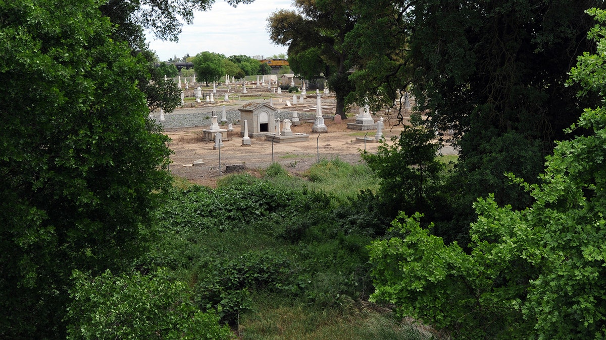 An aerial view of a cemetary.