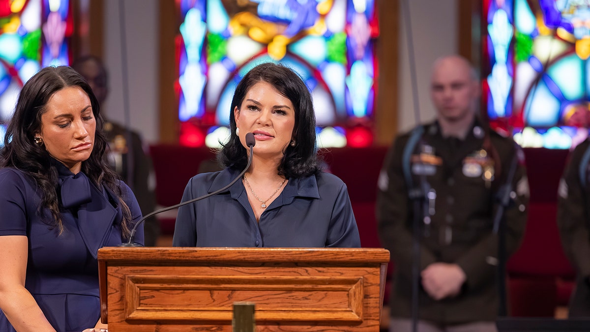 Sarah Verardo speaks during her husband Sgt. Michael Verardo’s funeral service.