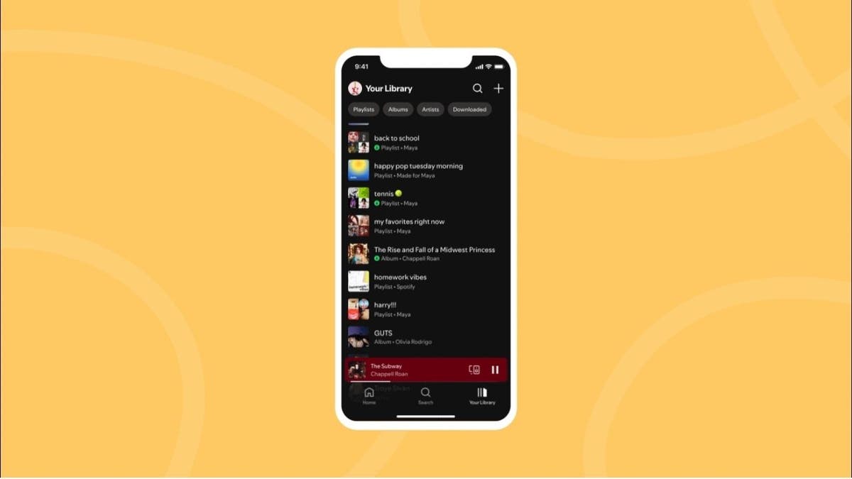 Child’s Spotify library screen showing playlists and a song by Chappell Roan playing.