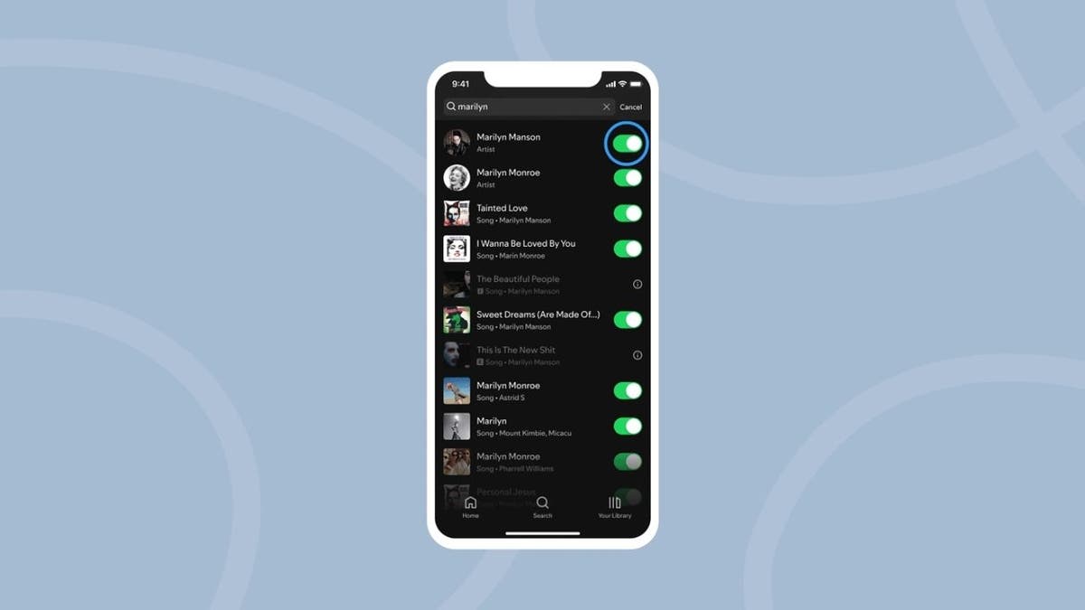 Spotify screen shows a search for 