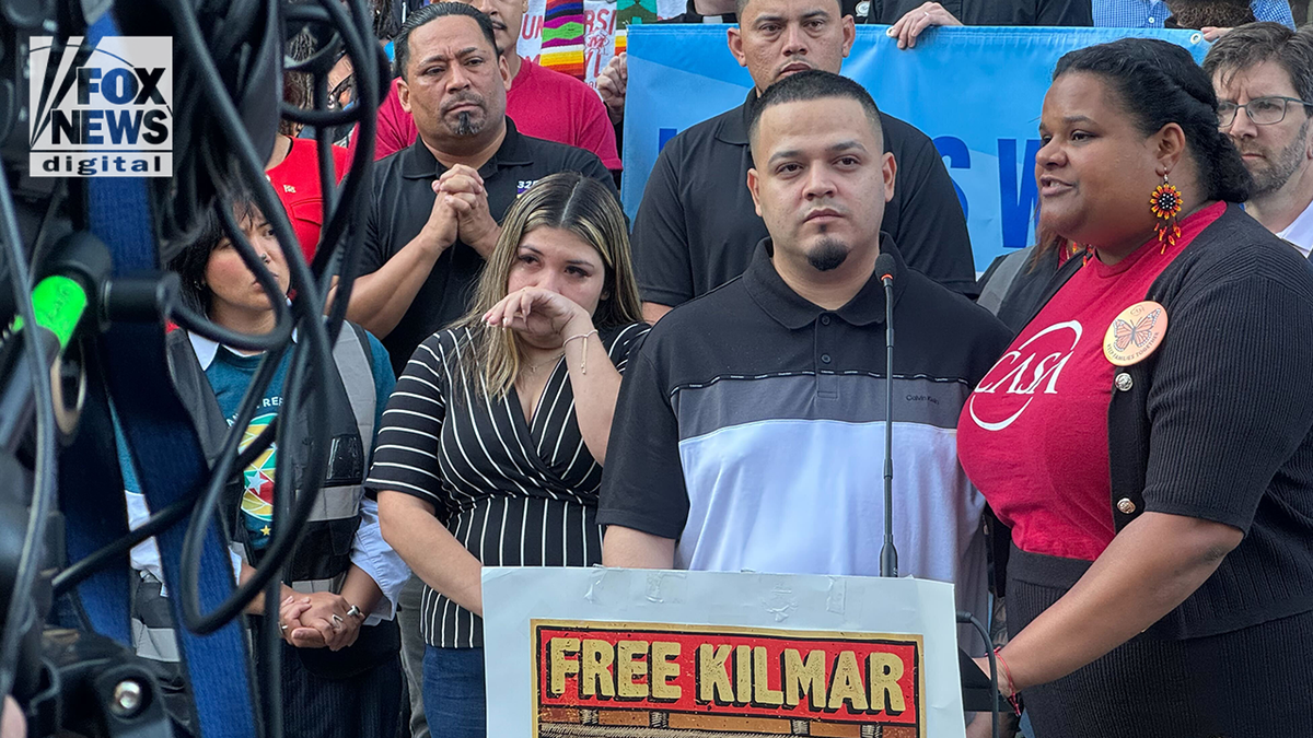 Kilmar Abrego Garcia and his wife, Jennifer, speak to supporters outside of an ICE Field Office in Baltimore, Maryland. (Breanne Deppisch/Fox News Digital)