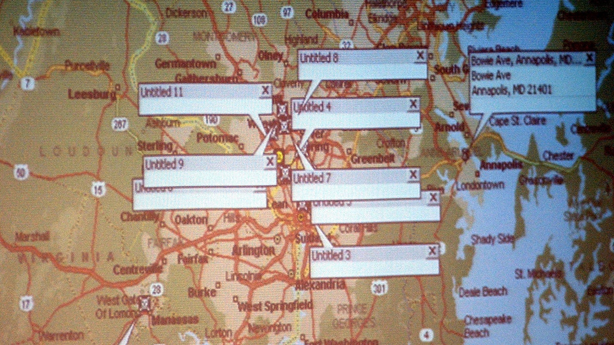 A map that shows John Allen Muhammad's shooting targets.