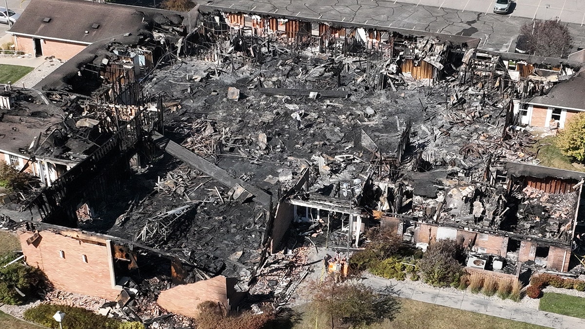 Burned-out remains of The Church of Jesus Christ of Latter-day Saints chapel in Michigan following attack