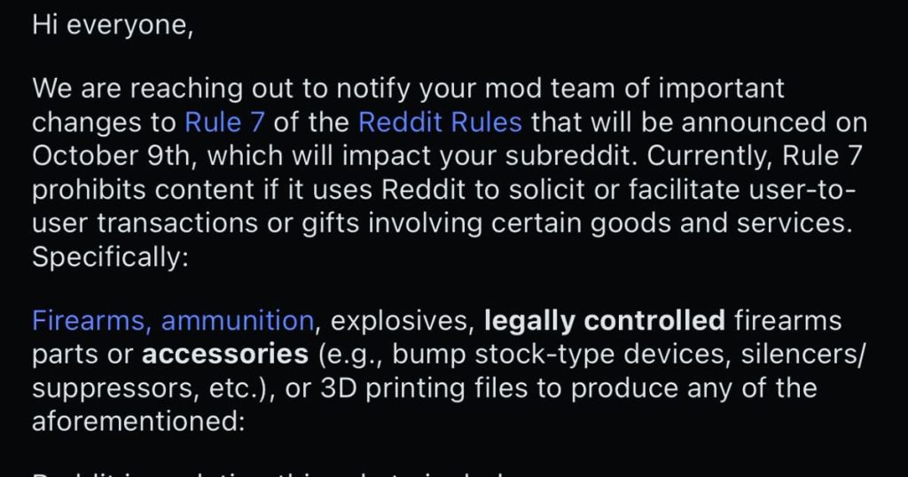 Reddit Changes Content Policy to Ban User-to-User Sales of Gun Parts, Optics, and Enhancements, Effective October 9