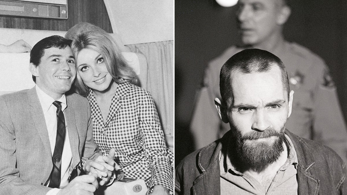 A split side-by-side black and white image of a smiling Jay Sebring with Sharon Tate and a sinister looking Charles Manson with a police officer behind him.