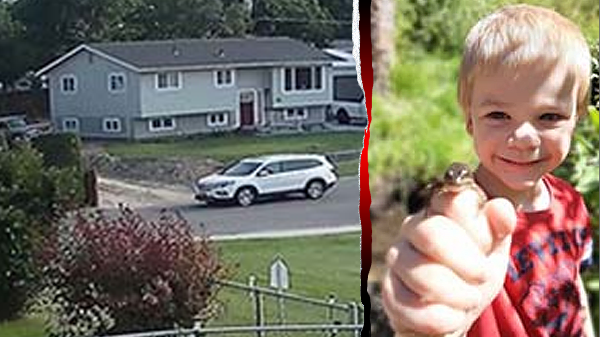 a split image showing home security video overlooking a parked white Honda Pilot and Michael Vaughan holding up a lizard