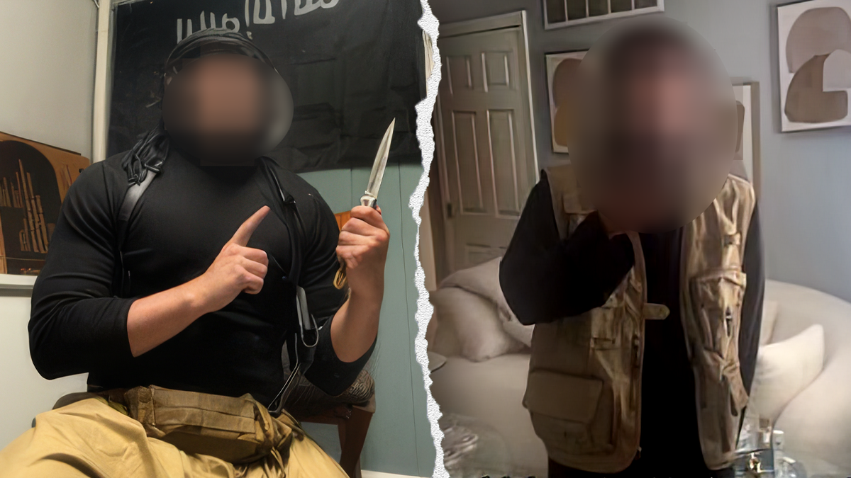 Split image showing men with blured faces posing in ISIS-inspired selfies.