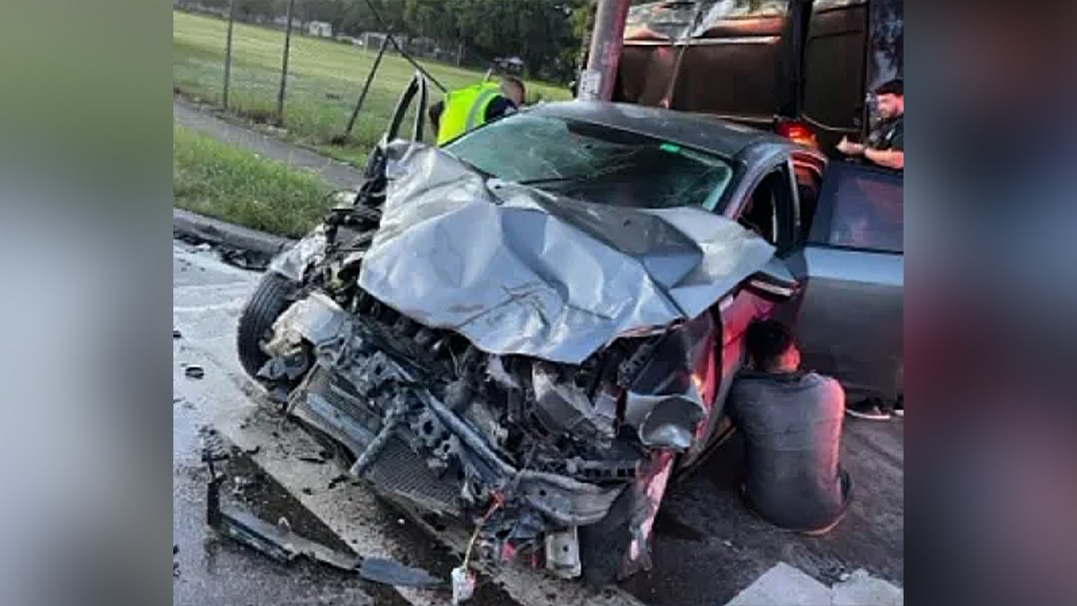 Crashed car with front-end damage