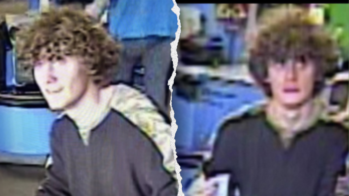 Low-resolution still images taken from surveillance video show Dominic Connelly in what appears to be a Walmart checkout area