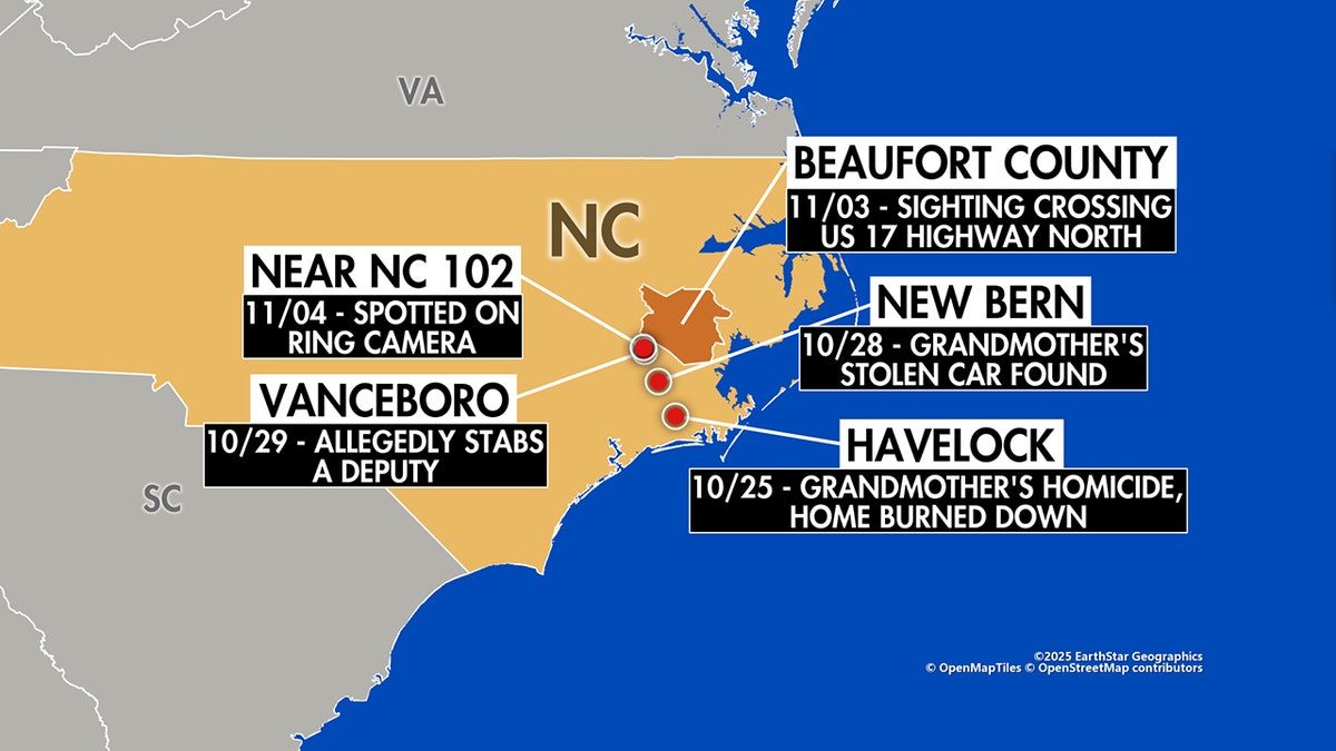 A map of North Carolina with location markers